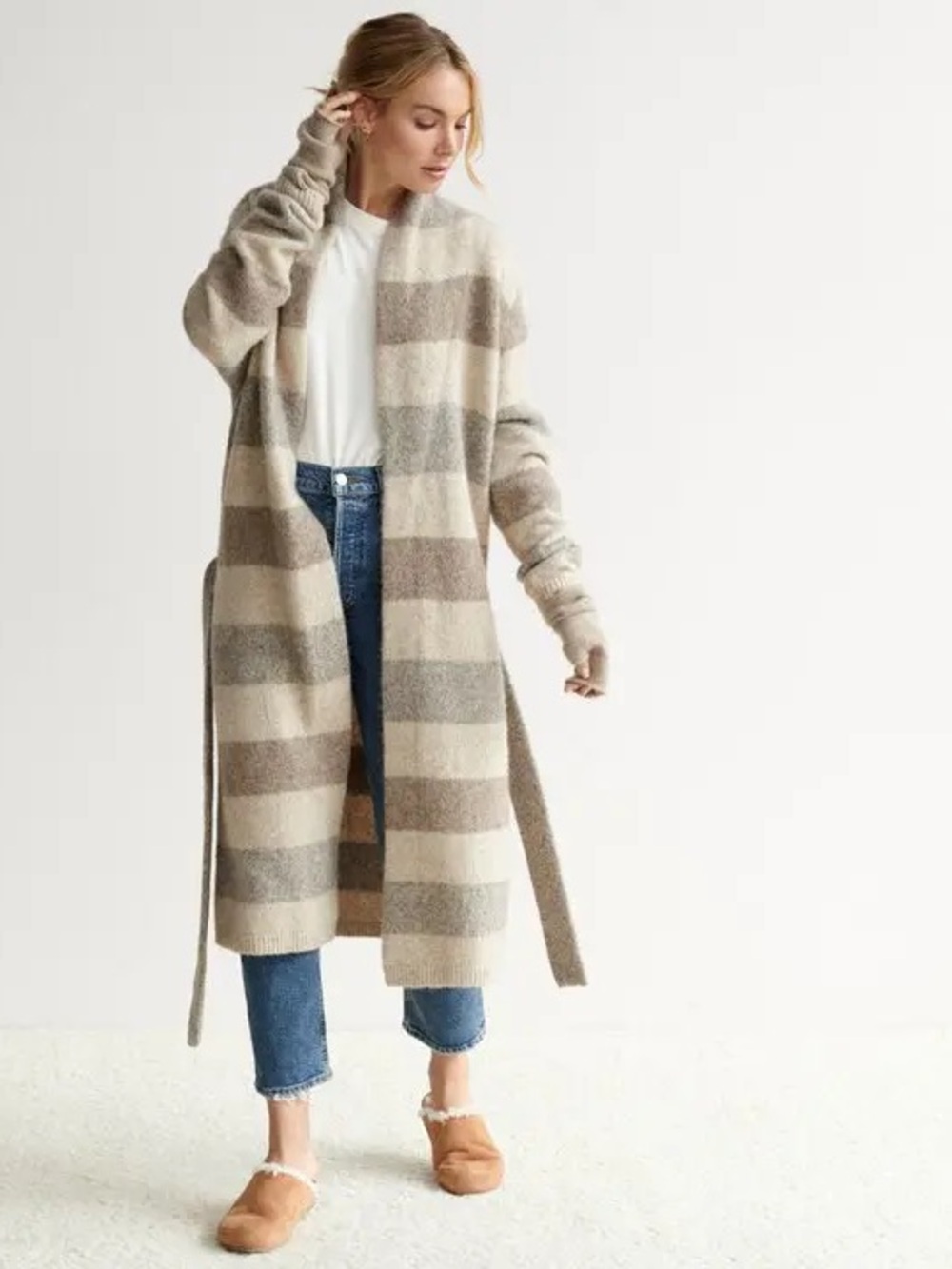 Jenni Kayne Belted Striped Open-Front Long Cardigan Sweater Coat Women’s XS $425